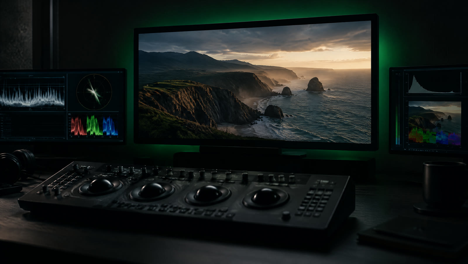 Concept: a colour grading suite with a coastal landscape on the monitor