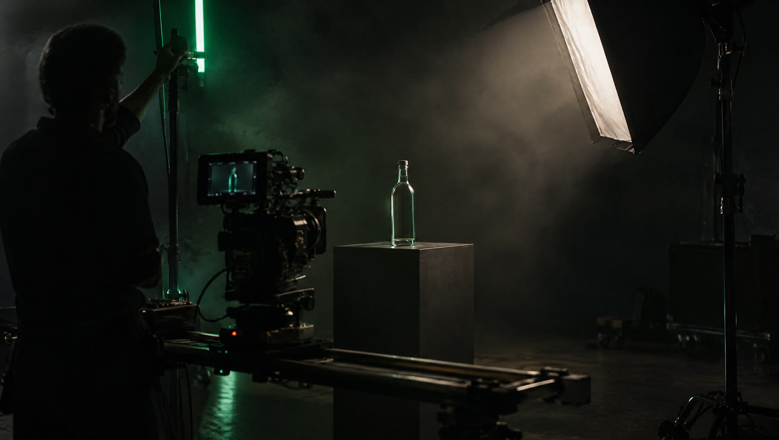 Concept: a cinema camera on a slider filming a glass bottle on a dark set