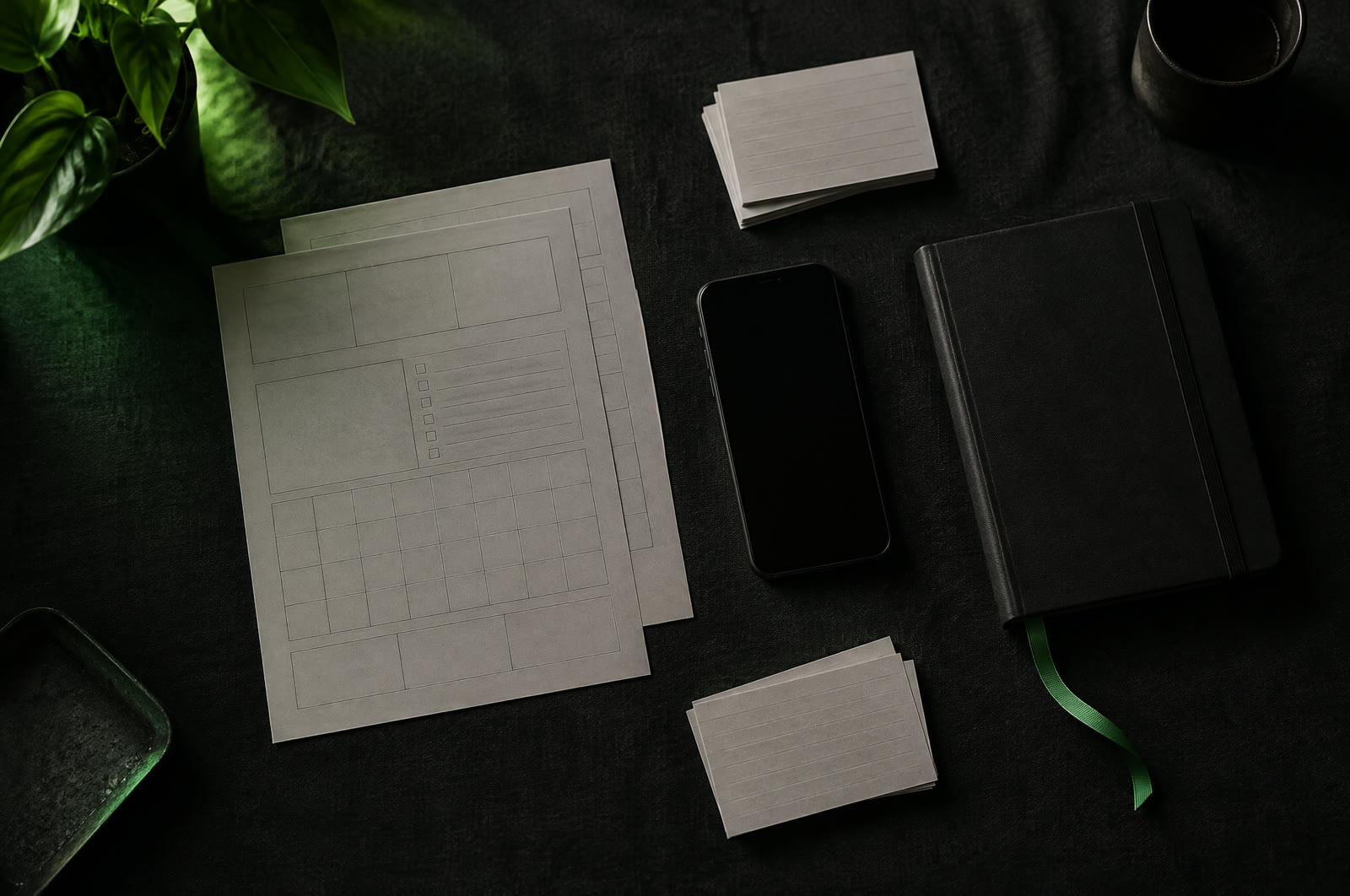 Concept: blank planning templates, a notebook and a phone on a dark desk
