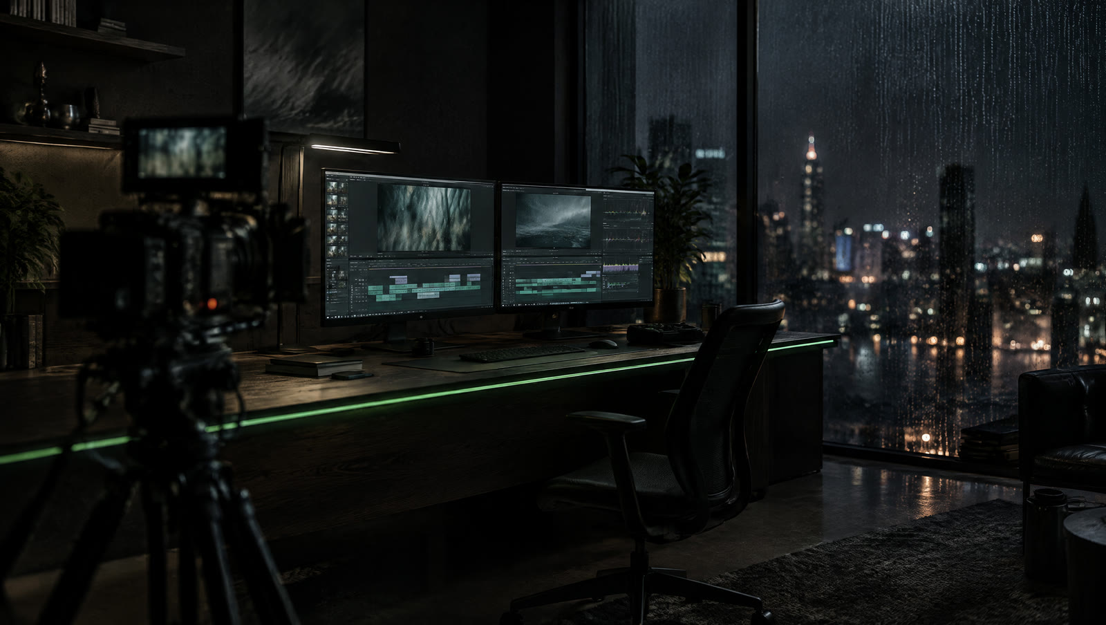 Concept: a night editing studio with a cinema camera and two monitors