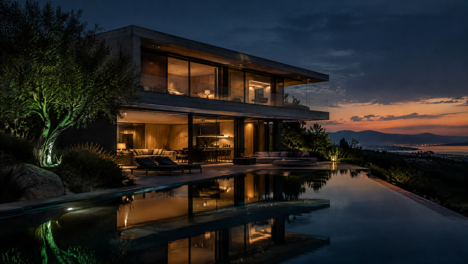 Concept: a glass villa with a reflecting pool at blue hour