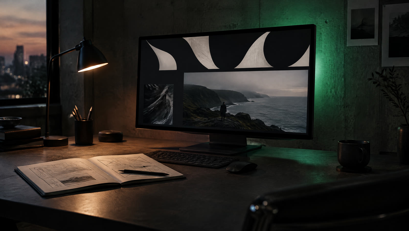 Concept: a designer desk with an editorial website on a large display