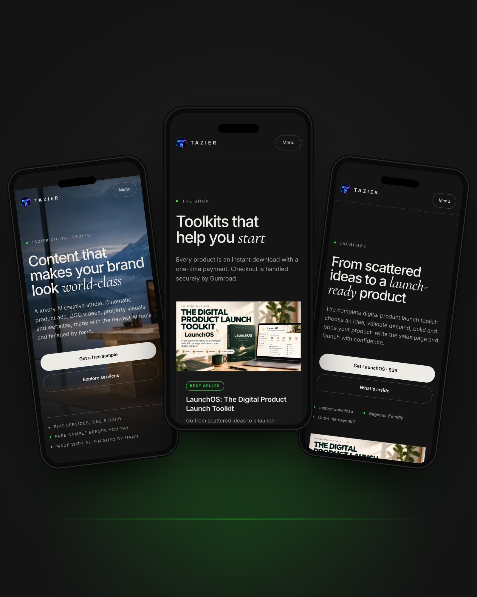 The Tazier website on three phones
